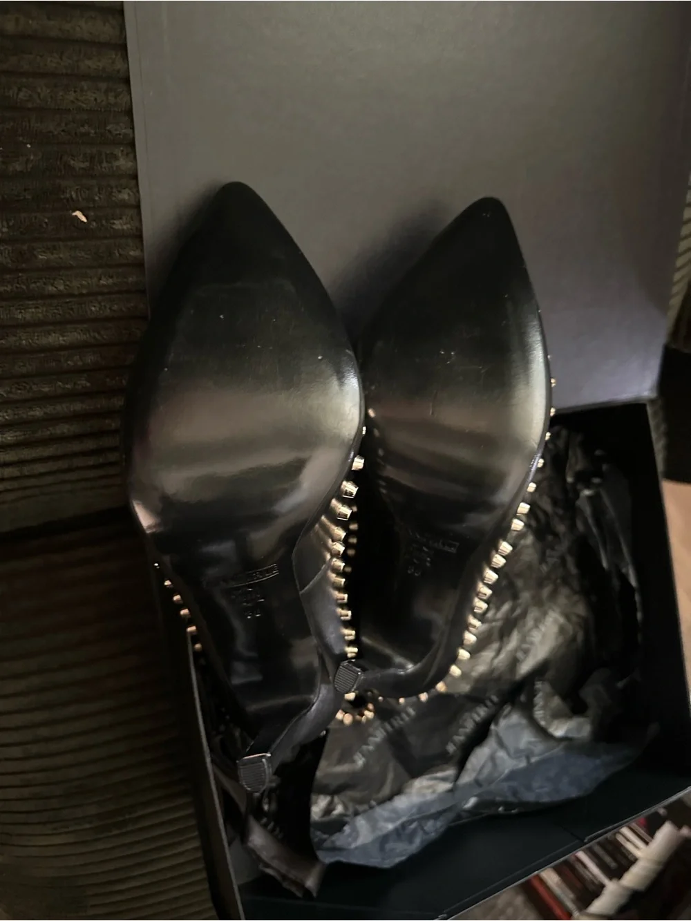 Black Pointed Stiletto Heels with Gold Stud Trim